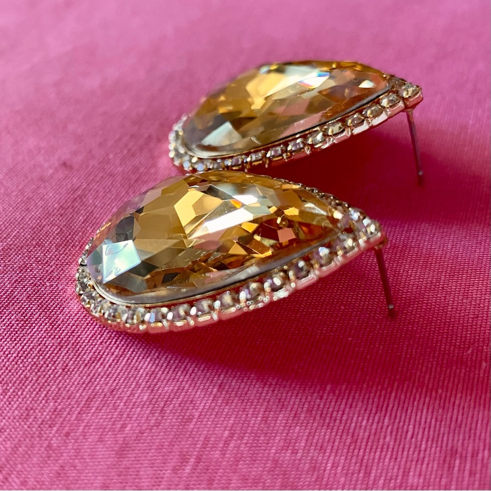 Natasha Couture Gold Hazel Teardrop Earring Studs Rhinestone Encrusted Outline - Picture 3 of 7